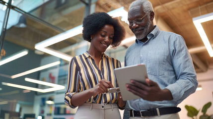 Two coworkers are actively discussing work issues in the office