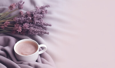 Valentines day greeting card or festive wallpaper. Pink background with purple flowers and cup of coffee. Women or Mother Day background and place for text. Lovely morning card with coffee and flowers