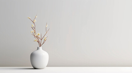White vase with willow branches on the table against the wall