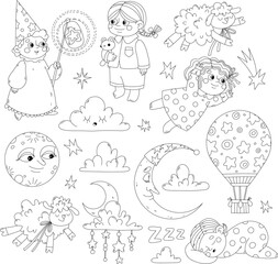 Black outline set with sleeping children, moon and clouds for coloring page