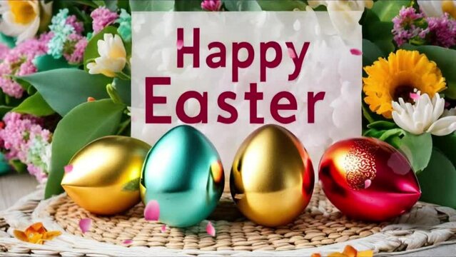Happy Easter text with painted eggs and flowers background