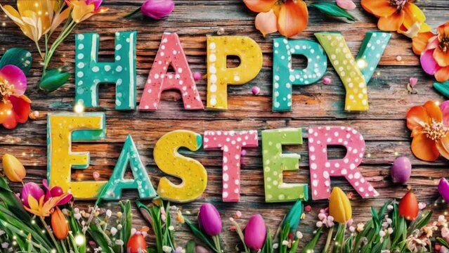 Happy Easter text on a wooden background with flowers and sparks