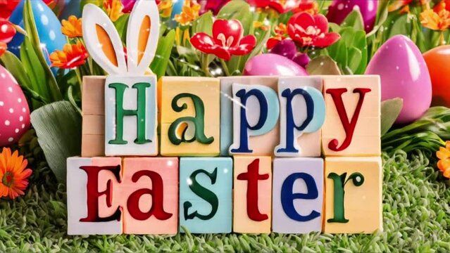Happy Easter text background with flowers and fireworks