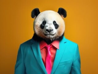 A superstar panda wearing suit and sunglasses, vibrant colors