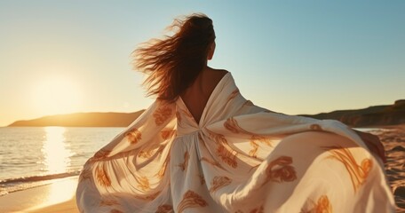 A Carefree Woman Spinning Joyfully in Her Nightdress on a Sunny Beach. Generative AI - obrazy, fototapety, plakaty