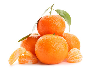 Fresh tangerines with green leaves on white background