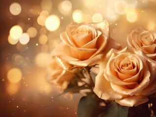 Vibrant and Lovely Festive Background. Adorned Roses in the Background with Blurred, Glistening Lights and Golden Bokeh.