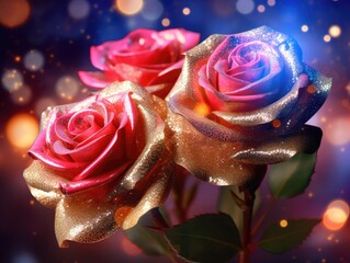 Vibrant and Lovely Festive Background. Adorned Roses in the Background with Blurred, Glistening Lights and Golden Bokeh.