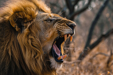 A lion in mid-roar, showcasing the raw power and vocal prowess