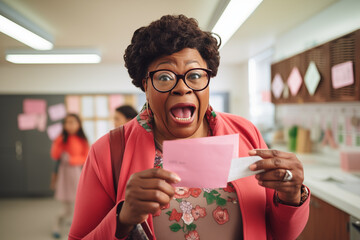 Surprised african american mature teacher woman with pink valentines card - Powered by Adobe