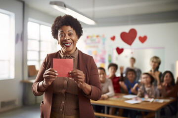 Smiling african american mature teacher woman with valentines card against class - obrazy, fototapety, plakaty