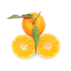 Fresh tangerines with green leaves on white background