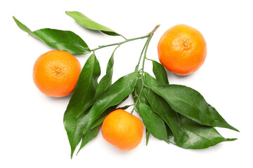 Sweet mandarins with leaves on white background