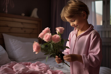 Happy boy with flowers in the bed. Mothers day gift concept