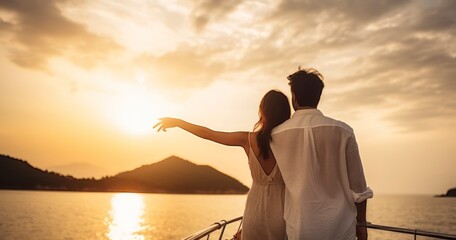 Asian young romantic couple looking at beautiful view during yachting during summer sunset. Generative AI