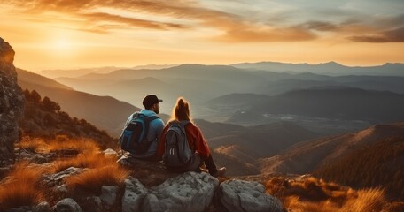 Fototapeta na wymiar Mountain Majesty at Dusk - Male and Female Hikers Relishing the Sunset from a Rocky Vantage Point