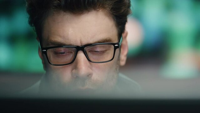 Professional coder working computer technical room closeup. Software developer