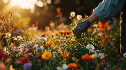 Girl in garden gloves individual tending to flowers, a backyard full of wildflowers, golden hour lighting.