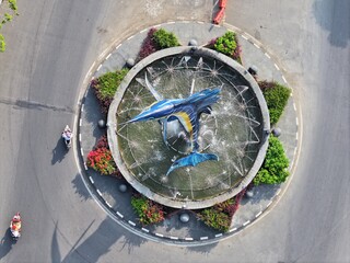 Drone footage of the beautiful Marlin Monument in Pangandaran, West Java, Indonesia.