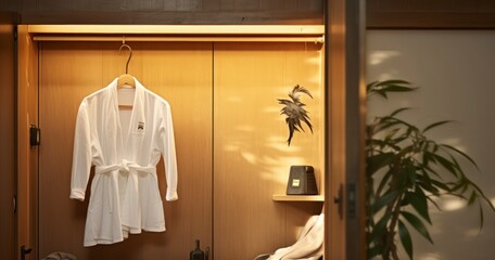 Fototapeta na wymiar A Bathrobe Elegantly Displayed on a Clothes Hanger for Easy Access. Generative AI