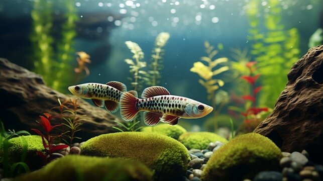 A pair of Killifish in their natural habitat, surrounded by aquatic plants, rocks, and driftwood, creating a serene underwater landscape.