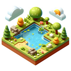 Pond isometric 3d game design in forest Illustration on transparent background PNG