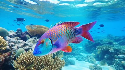 Fototapeta na wymiar A Parrotfish displaying its incredible color-changing ability, transitioning from one vibrant hue to another, set against a pristine reef background.