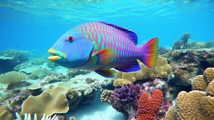 A Parrotfish displaying its incredible color-changing ability, transitioning from one vibrant hue to another, set against a pristine reef background.