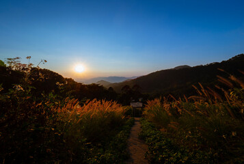 Scenic view at sunset time with mountain view at Phu Chi Fa Forest Park in Chiang Rai, Thailand.