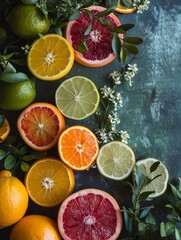 Vivid spread of various citrus fruits with leaves, top view on blue background.