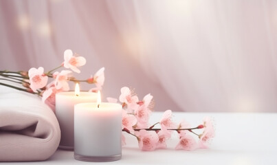 Valentines day greeting card or festive wallpaper. Pink background with pink flowers and burning candles. Women or Mother Day background with place for text. Cozy card with candles and flowers.