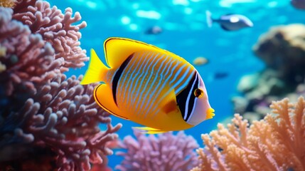 A Regal Angelfish (Pygoplites diacanthus) gracefully swimming through a vibrant coral reef in full ultra HD.