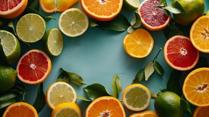 Vivid spread of various citrus fruits with leaves, top view on blue background.