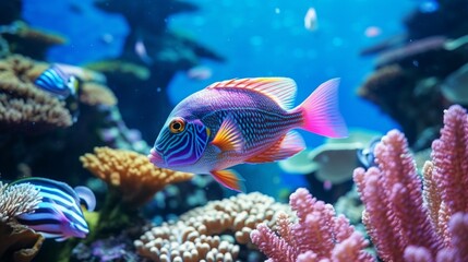 A Royal Gramma (Gramma loreto) swimming in vibrant coral reefs, captured in