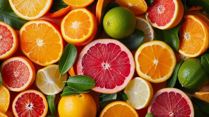 Vivid spread of various citrus fruits with leaves, top view.