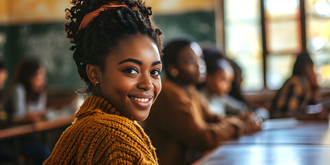 African American woman teaching in a classroom, smiling, - obrazy, fototapety, plakaty