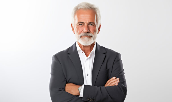 Portrait of a professional senior man standing with her arms crossed on a white background