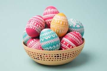 Fototapeta na wymiar On light blue background, plastic basket with colorful easter eggs