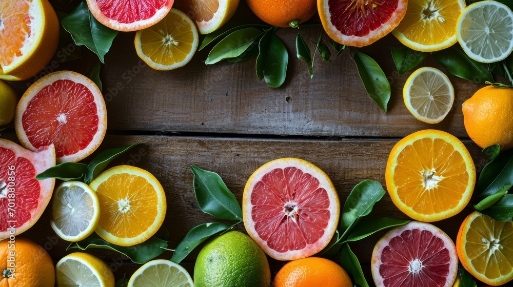 Canvas Prints Frame made out of varied citrus fruits with fresh leaves on a rustic wooden backdrop.