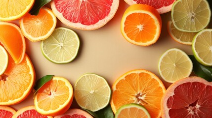 Obraz premium Frame with empty middle made out of varied citrus fruits with fresh leaves on a light backdrop.