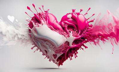 Abstrakcja, różowe pastelowe serce., eksplozja farby. Generative AI