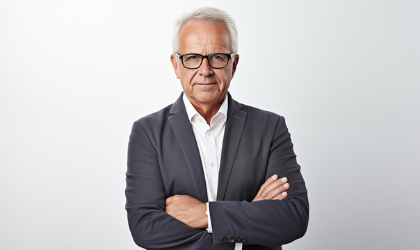 Portrait of a professional senior man standing with her arms crossed on a white background
