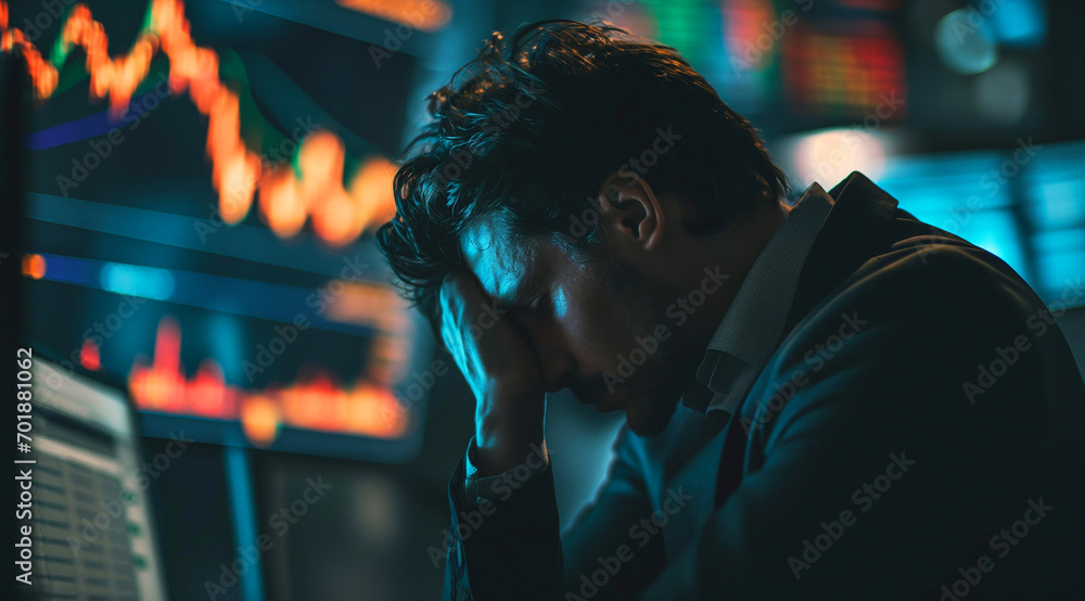 Poster man in a suit appears stressed, holding his head in front of computer screens showing financial char