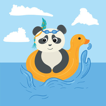 illustration of panda swimming with rubber duck tube in the sea boho style tribal illustratiom. Summer day at the shore. For cards, calendars, design, notebooks.