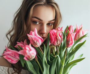 International Women's Day. Happy woman is smelling a bunch of spring flowers, which she is holding in her hands. 8 march.