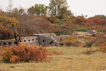 Vista dettagliata di alcune antiche strutture difensive della 1a guerra mondiale sulle alture del Carso, in Friuli Venezia Giulia, nel nord-est Italia, in autunno
