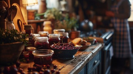 summer berry jam making, old farmhouse kitchen, retro palette.