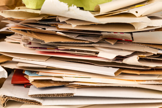 Separate collection of paper garbage. Paper stuff for recycle. Eco friendly concept. Recyclable paper waste background. Zero waste. Recycled product, Craft cardboard and paper. Top view