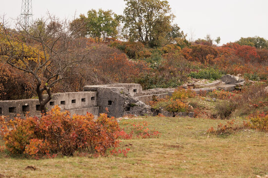 Vista dettagliata di alcune antiche strutture difensive della 1a guerra mondiale sulle alture del Carso, in Friuli Venezia Giulia, nel nord-est Italia, in autunno