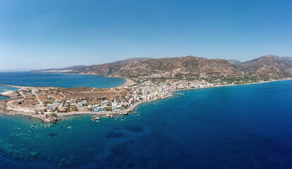 Crete island Palaiochora town, Greece. Aerial drone panoramic view of sea water, seaside building.